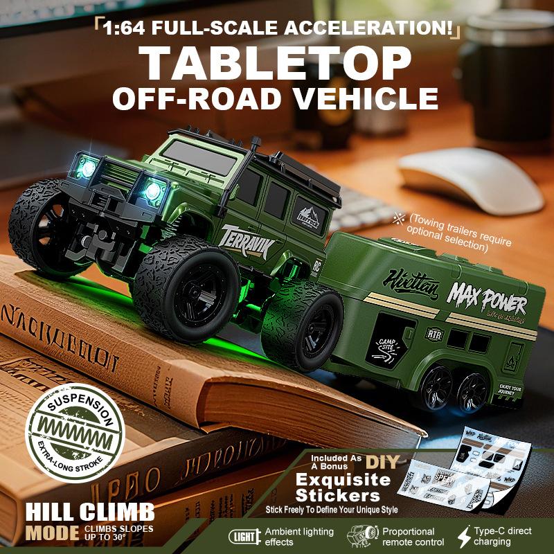 1:64 Scale Rc Off Road Climbing Car Led Lights Proportional Remote Control Type C Rechargeable Trailer Diy Stickers Gift Toy