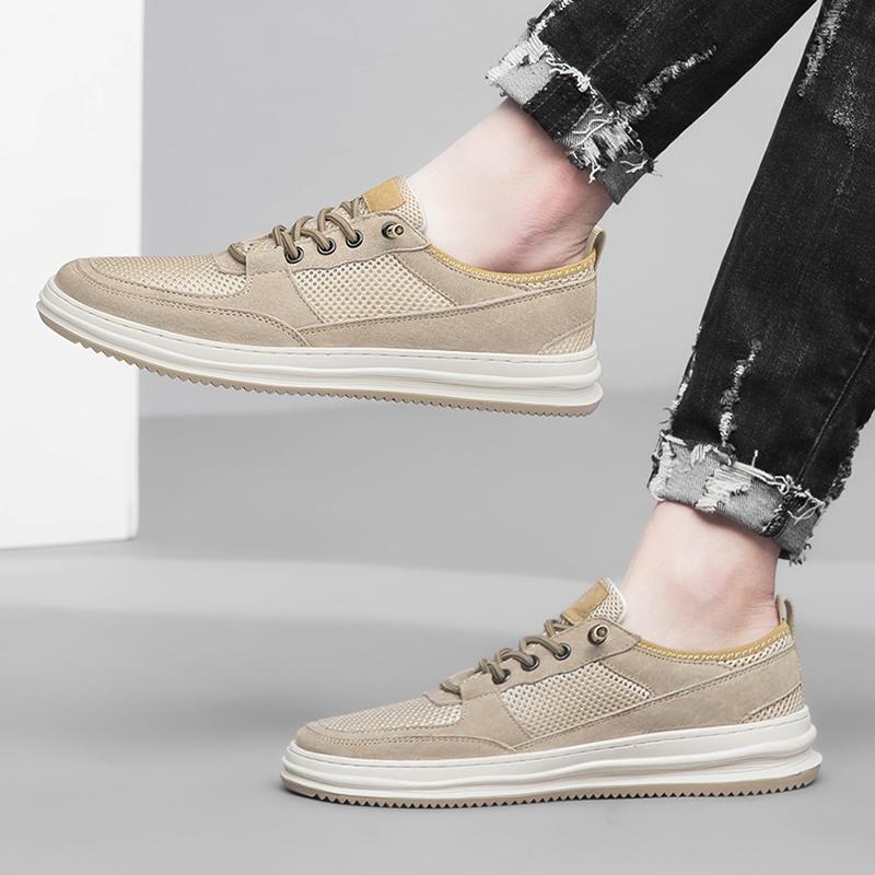 Lightweight Genuine Leather Breathable Skate Shoe Lace Up Sneakes Mens Vulcanized Shoes Mesh Surface Man Casual Sports Shoes