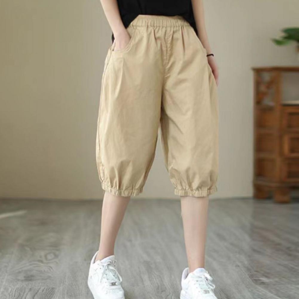 Women Leisure Shorts Streetwear Womens Knee-length Leisure Shorts with Elastic Waistband for Summer Comfortable Fit Fit Single Color Pants for Lei