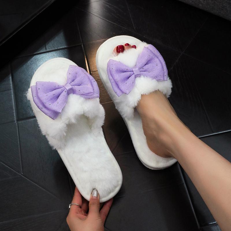 Bows Open Furry Slippers Women's Autumn and Winter Warm Slippers Fashion Slippers Indoor Living Room Slippers