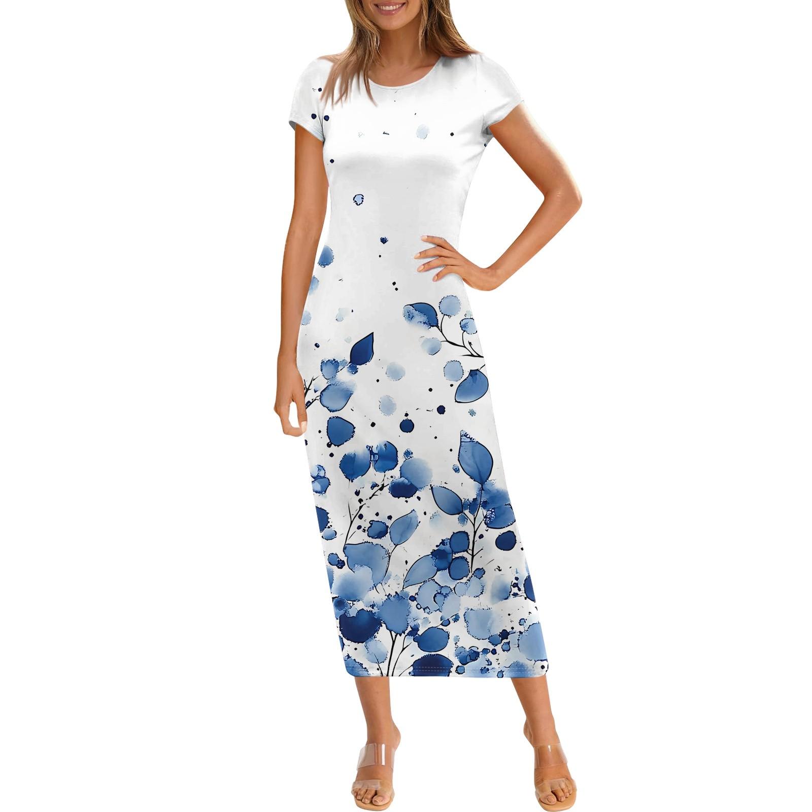 

Женское модное повседневное платье с круглым вырезом и коротким рукавом L синий