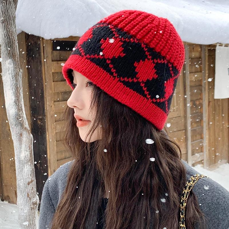 Korean Retro Rhombus Knitted Hat Versatile and Fashionable Korean Style Trendy Pullover Hat Outdoor Autumn and Winter Warm Woolen Hat for Women