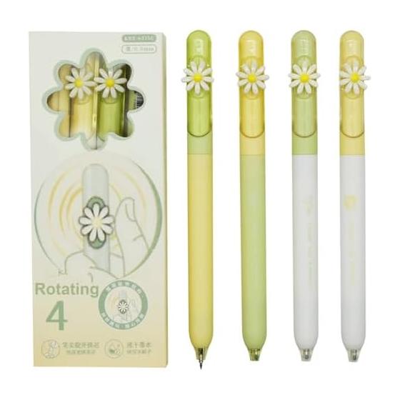 Set of 4 Daisy Flower Ballpoint Pens, 0.5mm Black Ink, Smooth Writing Gel Pens, Cute Stationery for Students, Journaling, Office Use, Kids, School