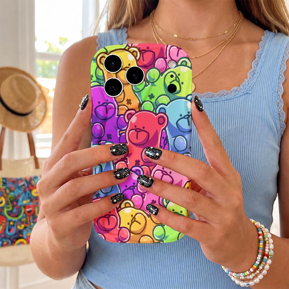 Colorful Teddy Bear Pattern Phone Case Rainbow Cute Cartoon Art Hard Cover for iPhone Shockproof Protection Birthday Christmas Halloween Holiday Gift