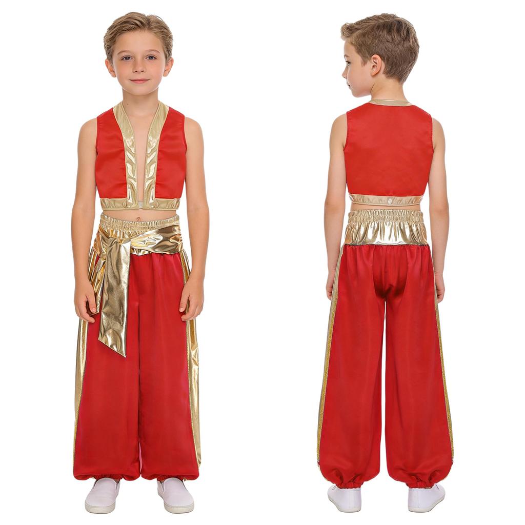 Boys Arab Prince Cosplay Costume 2Pcs: Loose Vest & Metallic Shiny Patchwork Bloomers Harem Pants Outfit for Halloween Party