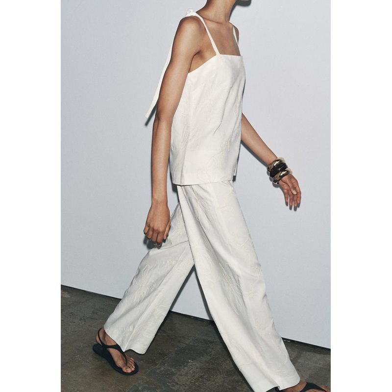 Linen Blend Embroider Sleeveless Sling Tops 2678046 Embroider Wide Leg Casual Trousers 2678045