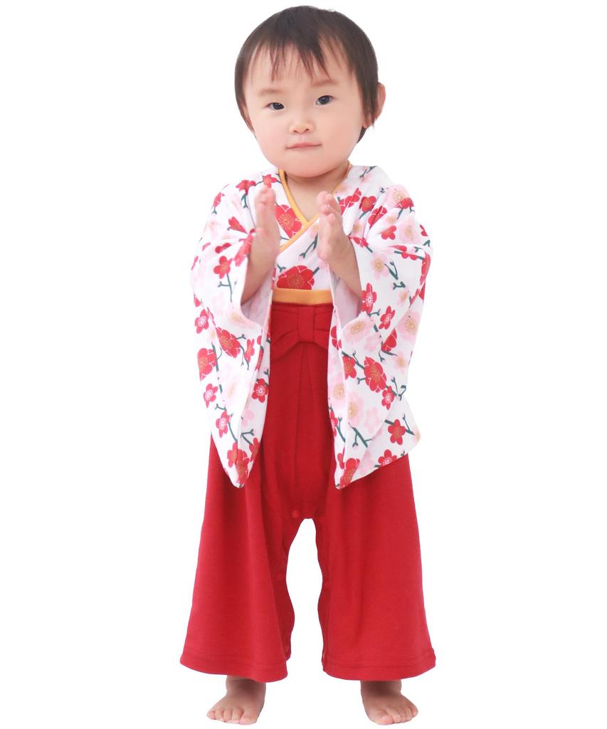 KYOETSU Hakama Romper for Girls, Baby Hakama Coverall Romper (Size 70, Plum Blossom, Off-White)