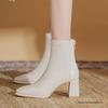 Women's Chunky Genuine Leather High Heel Ankle Boots, Plus Velvet, Slimming, Autumn/Winter 2025, Fashionable White – Perfect with Skirts.