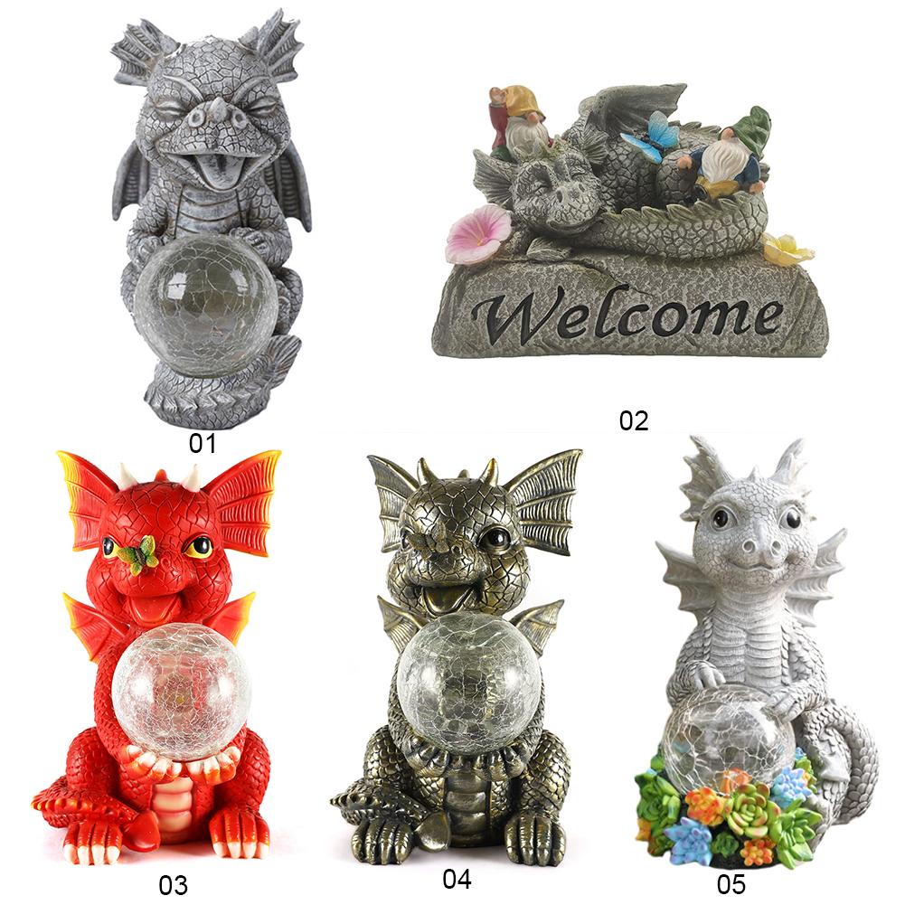 Resin Garden Dragon Statue with Solar Crackle Globe Light Dragon Figurine Dragon Garden Sculpture for Patio Yard Lawn Porch