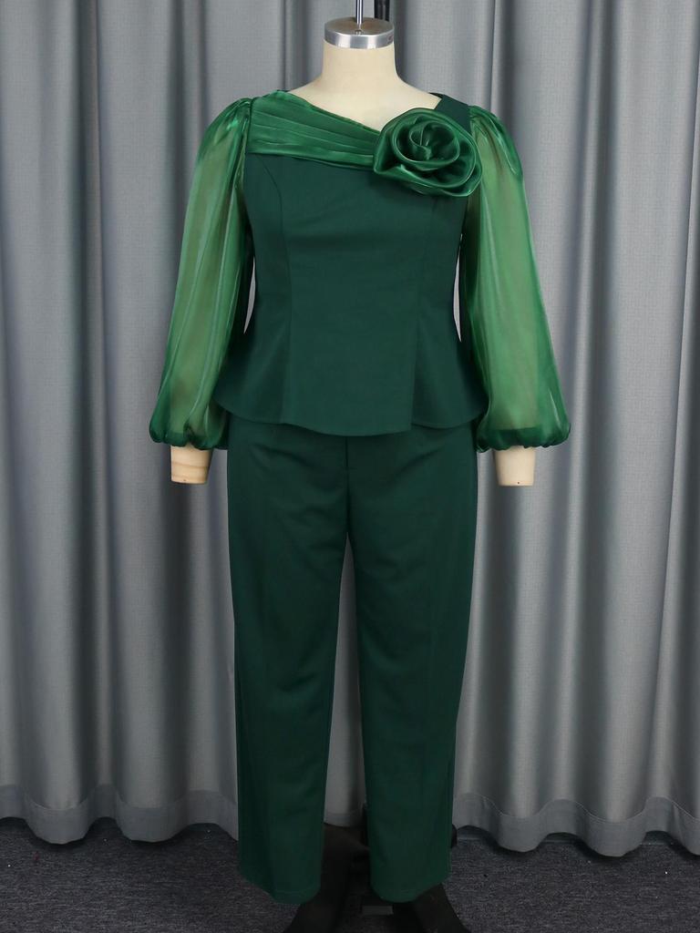 Set de Pantaloni Verzi Mărimi Mari cu Mâneci din Plasă Strălucitoare și Detaliu Floral 3D Perfect pentru Biserică Adunări Formale și Evenimente Speciale