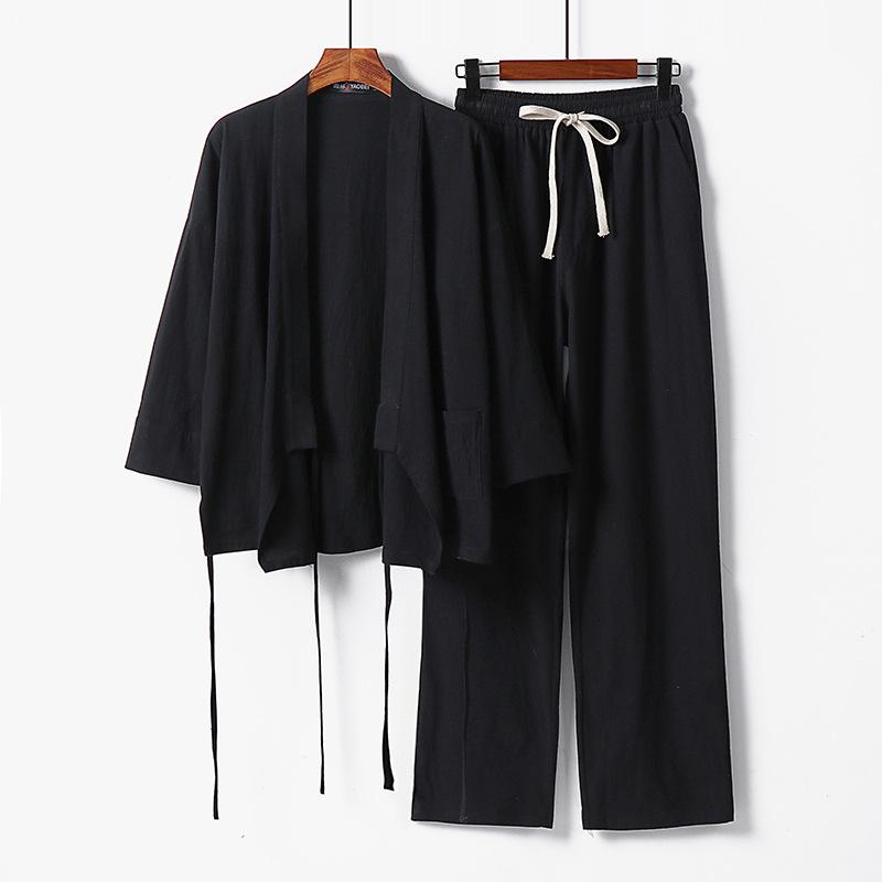 Pánský bavlněný lněný Tang oblek nadměrné velikosti: Sedmikrkavý Hanfu Daoistická košile a roucho Dvoudílná sada v čínském stylu