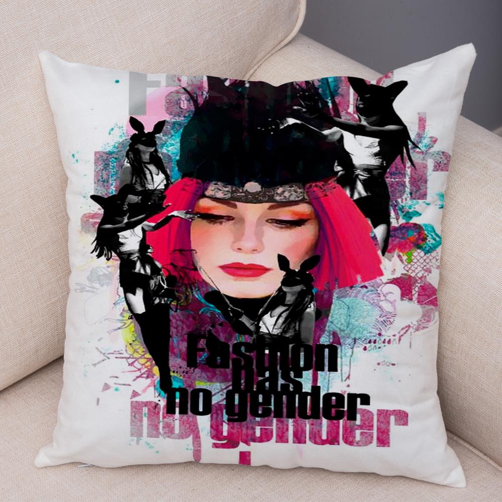 Boho Woman Art Pillowcase Double Print Fashion Lady Cushion Cover Soft Plush Portrait Pillowcase Bedroom Decor