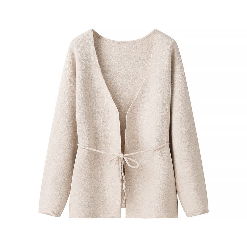 Kaslead New Arrival Women's Clothing Fashion Style Stylish Simple and Versatile Casual Lace Up Cardigan Long Sleeves Sweater