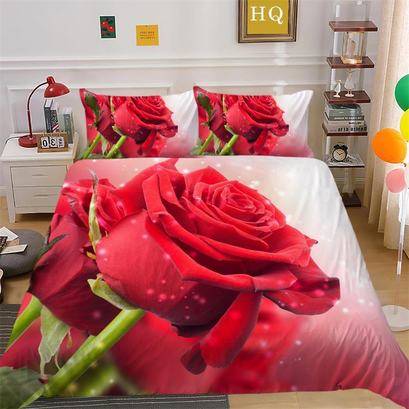 3D Printed Rose Bedding Set Romantic Love Down Duvet Cover Pillowcase 2/3pc King Queen Bed Flower Cover Women Couple Cover Home Gift