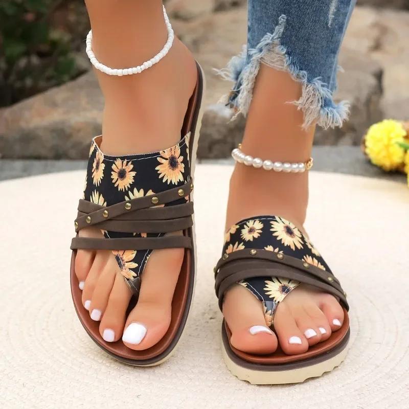 Women's Shoes New Promotion Flip-Toe Women's Slippers Summer Roman Mixed Color Outdoor Leisure Beach Flat Large Size Slippers