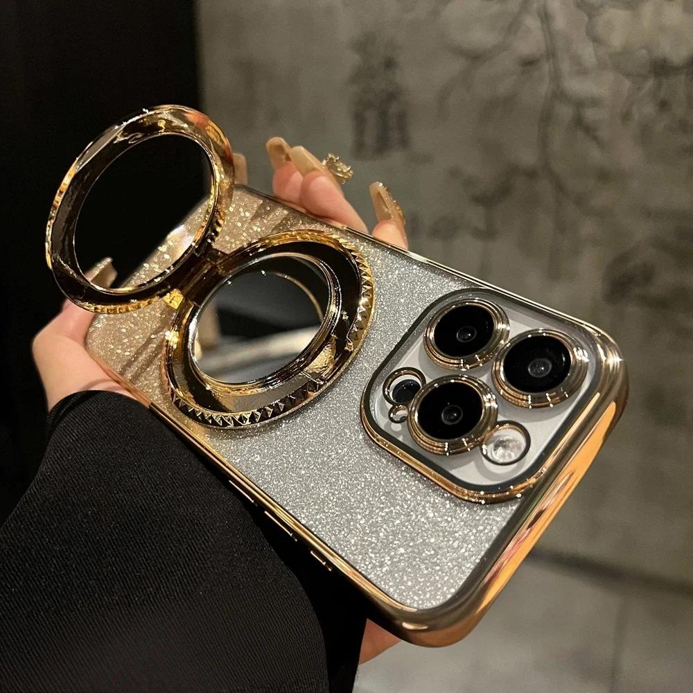 

Glitter Mirror Stand Holder Case for iPhone 17 Air 16 15 14 13 12 11 Pro Max Plus Lens Protect Gradient Plating Cover For iPhone 16