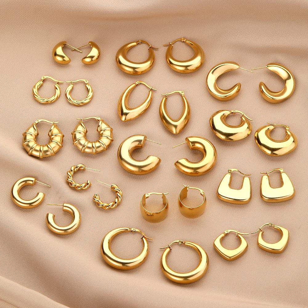 Women Hypoallergenic Jewelry Earrings Stainless Steel 18k Gold Plated Screw Twisted C-shape Hoop Earrings Non Tarnish Jewelry