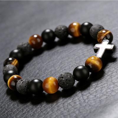 Hand String, Tiger Eye Stone, Black Frosted, Volcanic Stone Bead, Bracelet, Cross Elastic Hand String