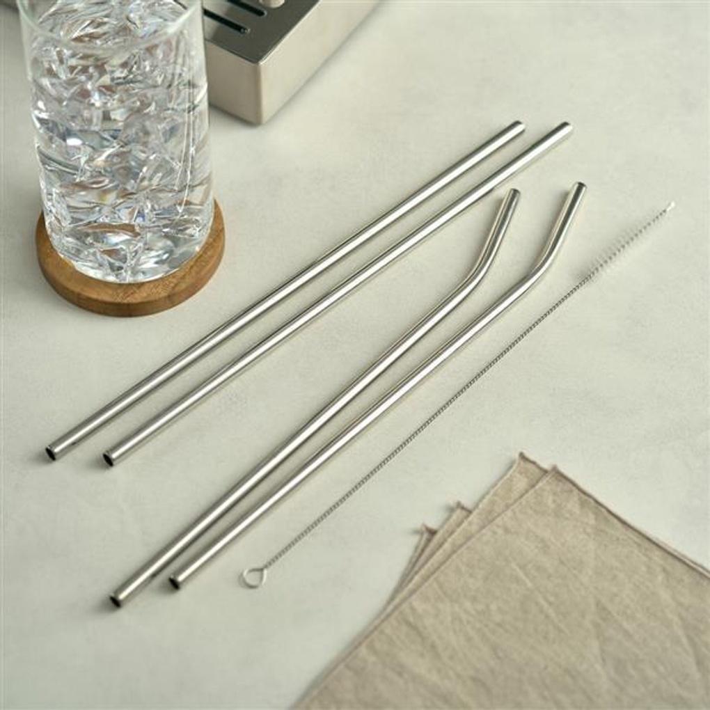 Estebanhof Stainless Steel Straw Cleaning Brush Set 30cm Straight 2P + Curved 2P + Cleaning Brush 1P