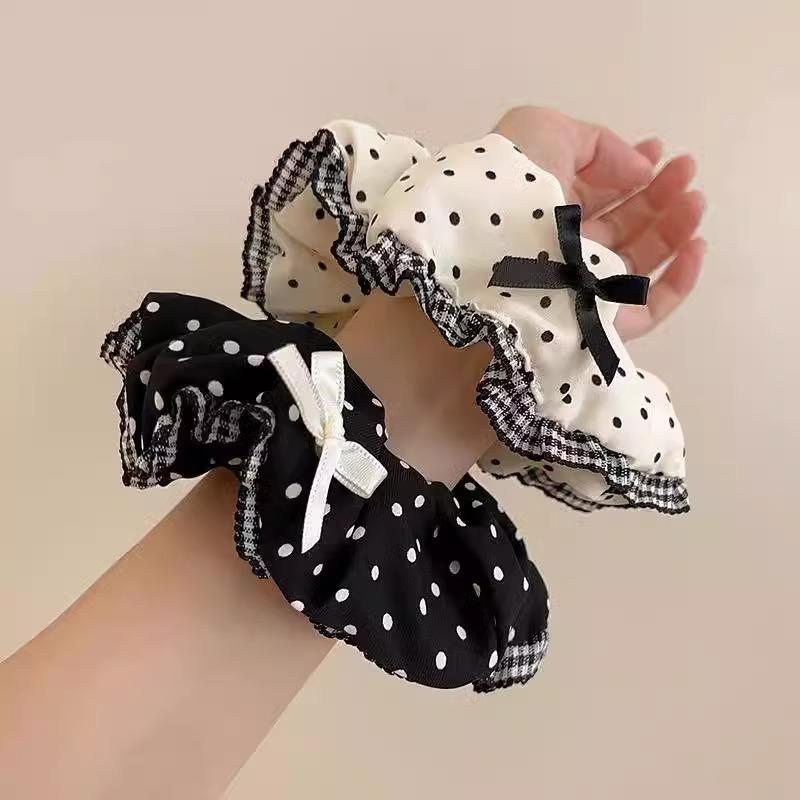 New Black White Polka Dot Hair Bundle Oversized Scrunchies Lace Butterfly Bow Hair Rope Ties Women Elegant Large Headbands