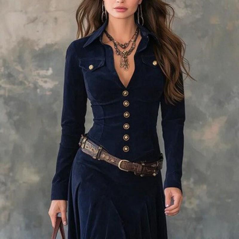 Rochie Midi Vintage cu Nasturi, Strâmtă, Guler Înalt, Mânecă Lungă, Aspect de Piele de Cămilă, Streetwear Femei, Linie A, Talie Înaltă