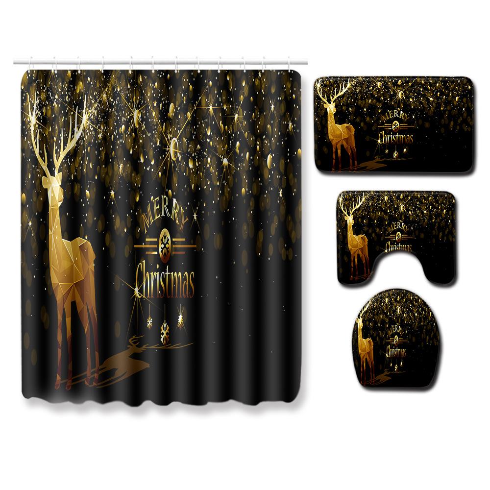 Christmas Elements Bathroom Shower Curtain Floor Mat Toilet Cover Foot Mat Four-Piece Set