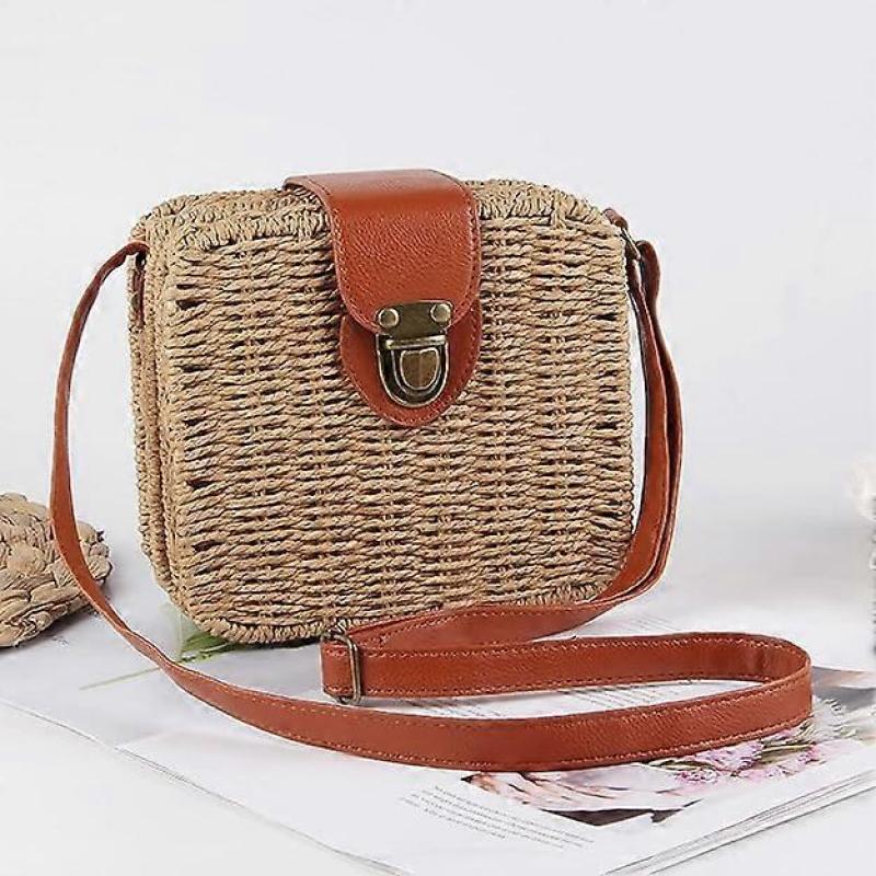Womens Retro Straw Woven Cross Body Bags Portable Small Box Shoulder Bags Messenger Satchel Brown