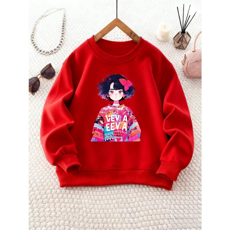Kids Girls Crewneck Sweatshirt, Cute Curly Hair Anime Girl With Pink Bow Colorful Geometric Outfit Print With Text "VEV A EEVA" Soft Fleece Pullover