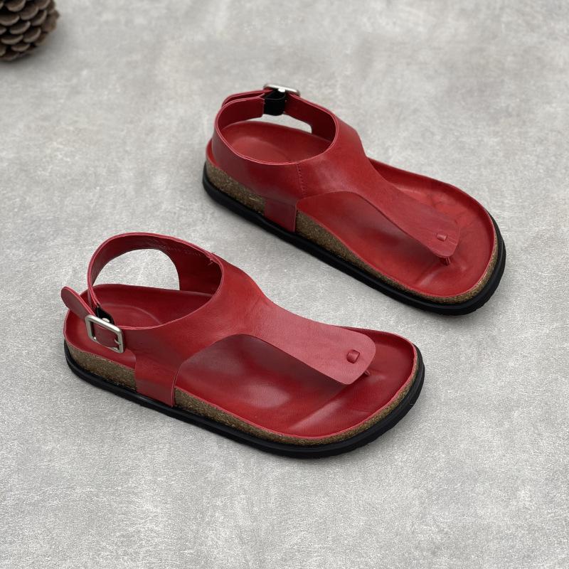 Spring and Summer Genuine Leather Flip-toe Flat Sandals with Square Buttons and Simple Soft Cowhide Women's Shoes
