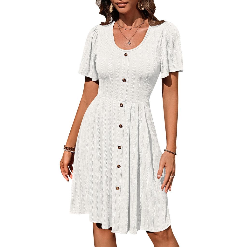 Summer Women's Round Neck Button Stretch Casual Temperament Short Sleeve Dress