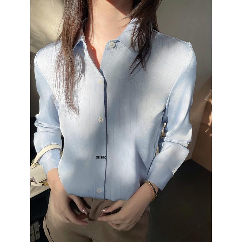2025 Spring Blue Striped Satin Straight Shoulder Women's Work Blouse