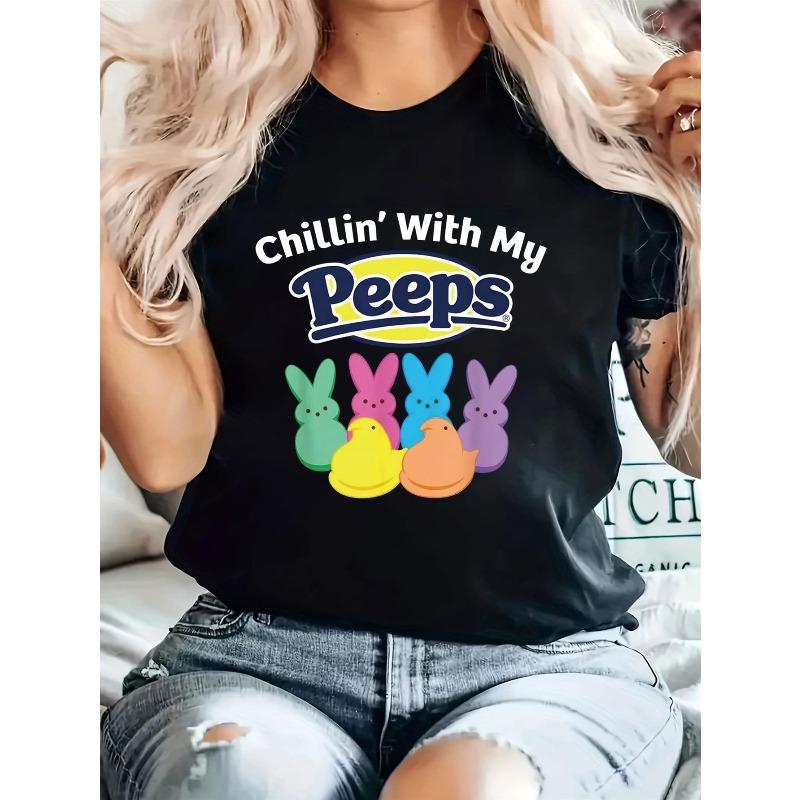 

European Size Women S Easter Chillin with My Peeps Graphic T-Shirt - Cute Bunny & Chick Print Short Sleeve Crew Neck Tee,Spring Summer Casual Fit Top 4XL