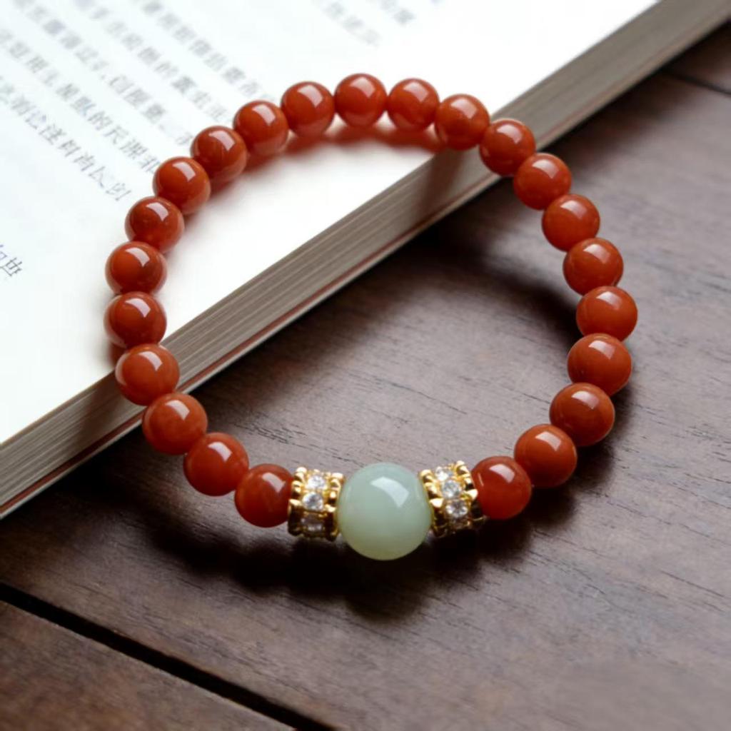 Unisex Red Agate & Hetian Jade Zodiac Bracelet, Prayer Beads, Retro Style