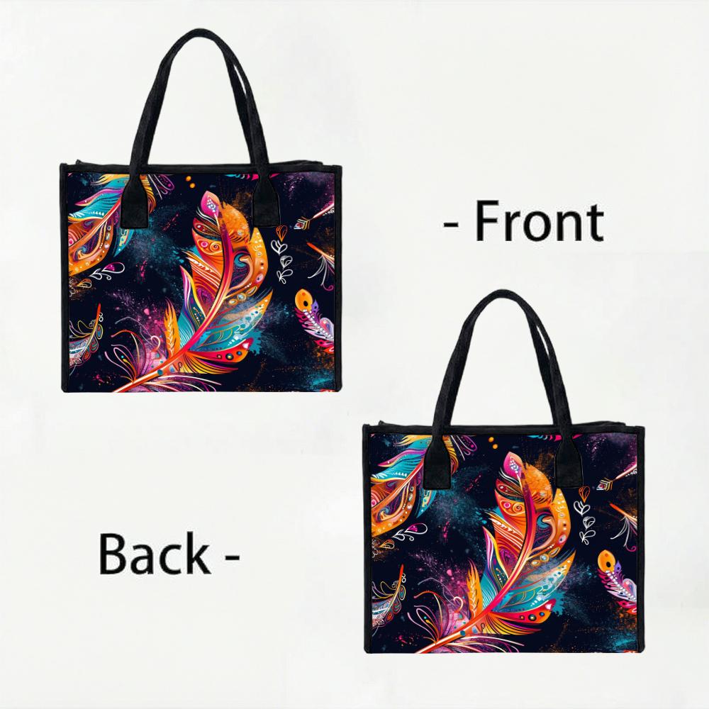 Bohemian Colorful Feather Printed Large Tote Bag for Women Portable Daily Casual Shopping Shoulder Handbag