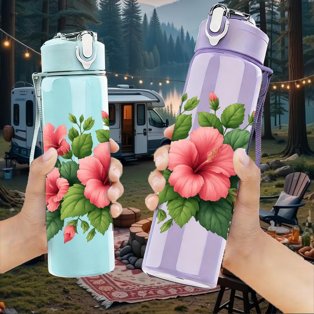 1PC Pink Hibiscus Flower Print 750ml Color Plastic Sports Water Bottle Leakproof Flip Straw Lid Suitable for Sports Office Home Use