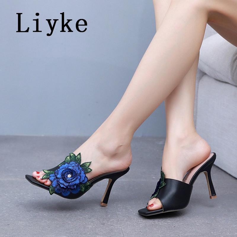 Fashion Liyke Fashion Design Embroidery Flower Women's Thin High Heels Slippers Sandals Street Sexy Square Toe Summer Party Dress Shoes