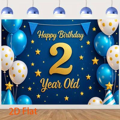 2D Boys 2nd Birthday Backdrop, Blue "Happy Birthday 2 Year Old" Photography Background with Balloons