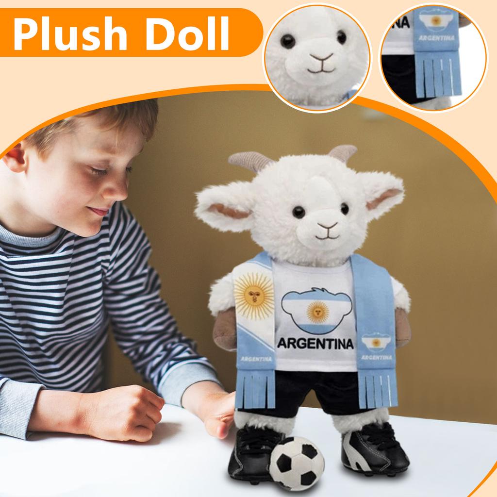 Plush Football Doll Argentina Soccer Theme Stuffed Toy Figure Soft Goat Mascot with Scarf and Ball for Home Decoration Gift