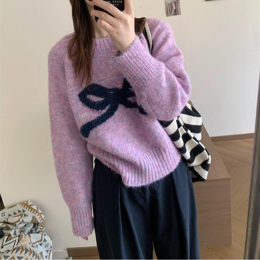 

Женский пуловер с мягким восковым трикотажем, с круглым вырезом и нежным бантом, осенне-зимний, мягкий, восковой, ленивый, универсальный, милый вязаный свитер 412-64 (average size) фиолетовый