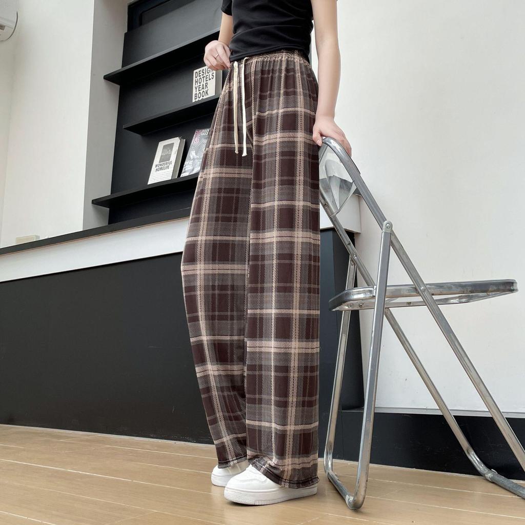 Women's 2025 Spring Retro Brown Plaid Wide-Leg Ice Silk Pants