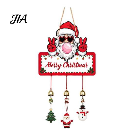 Indoor Holiday Party Supplies Merry Christmas Wooden Wall Door Hanging Sign with Bells, Rustic Santa Snowman Decor Tree Reindeer Decorative