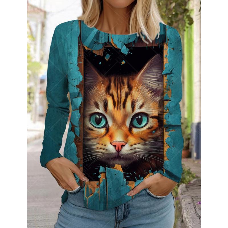 2024 Fashion Design Women's T shirts 3D Print Kawaii Cat Graphics Long Sleeve Crew Neck Regular Fit Spring/Fall Funny Sportwears