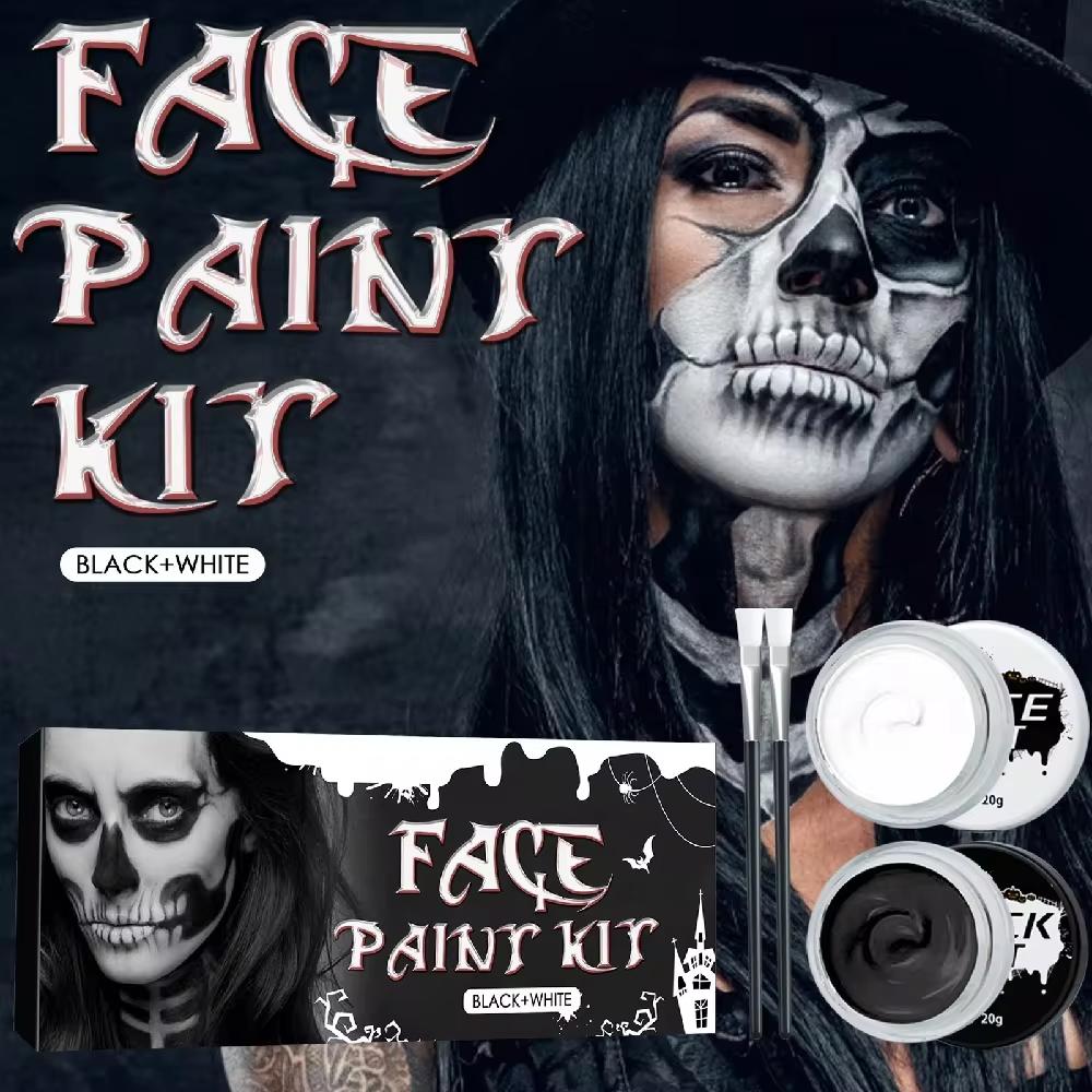 2PCS Halloween Face Painting Kit Highly Pigmented Face Body Brus Paint Black and White for DIY Cosplay Theme Parties Body Makeup