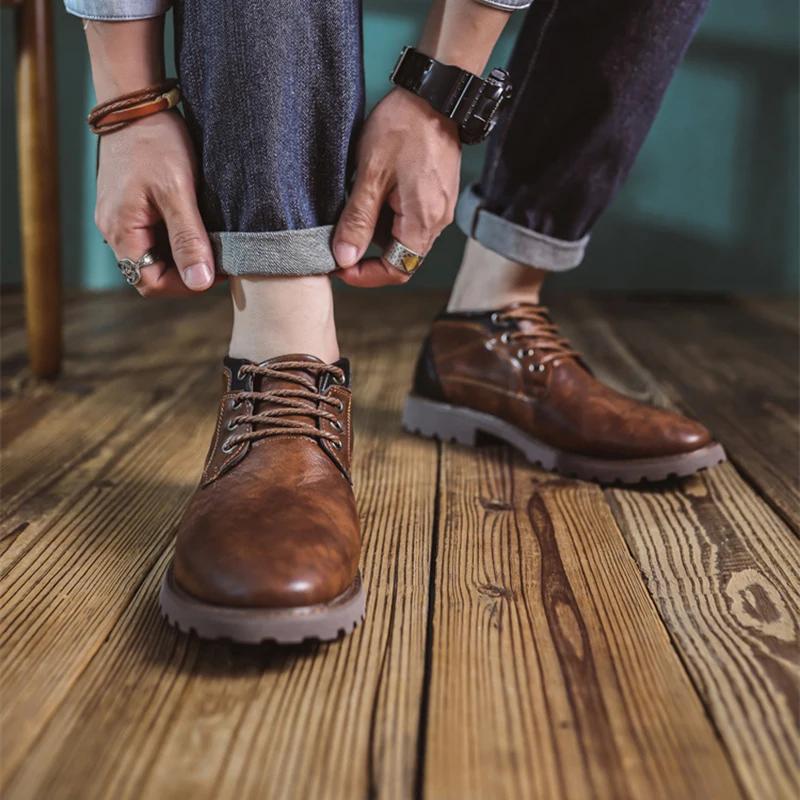 Autumn Men Ankle Boots Vintage Retro Lace Up Leather Motorcycle Western Boots Brown Classics Casual Shoes Male Plus Size 39-48