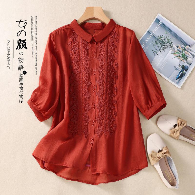 2025 Summer Women's Seven-Sleeve Cotton Linen Shirt with Floral Embroidery and Retro Turn-Down Collar