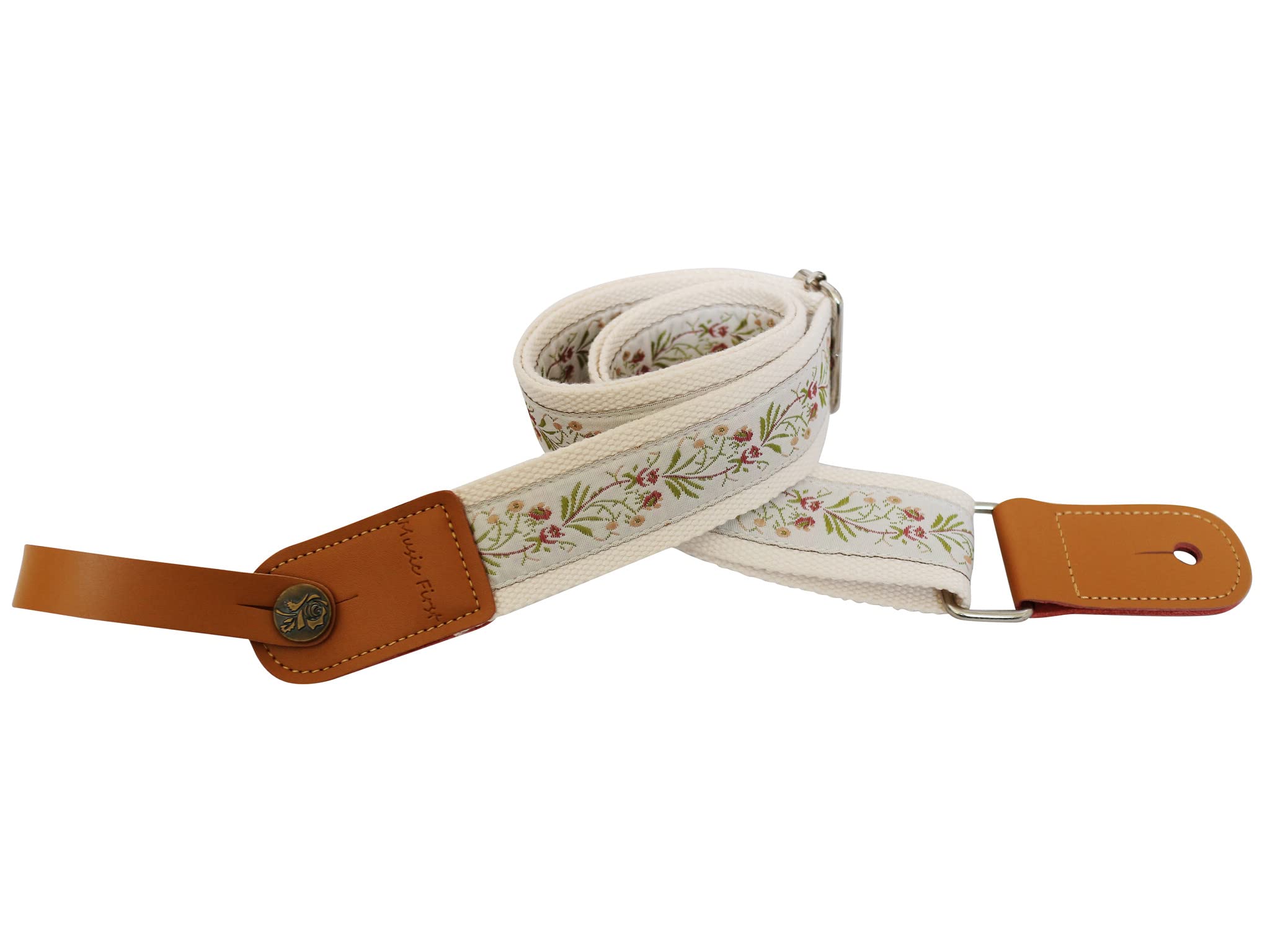 

[MUSIC FIRST] Original Design Vintage Floral Embroidered Genuine Leather Ukulele Strap, Ukulele Shoulder Strap with Genuine Leather Strap Locker