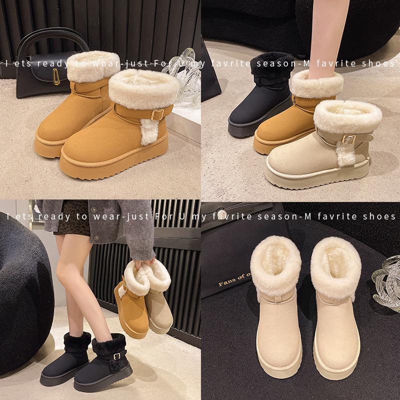 Winter New Thickened Snow Boots Lamb Wool Fur Integrated Thick-soled Thermal Cotton Boots Belt Buckle Snow Boots