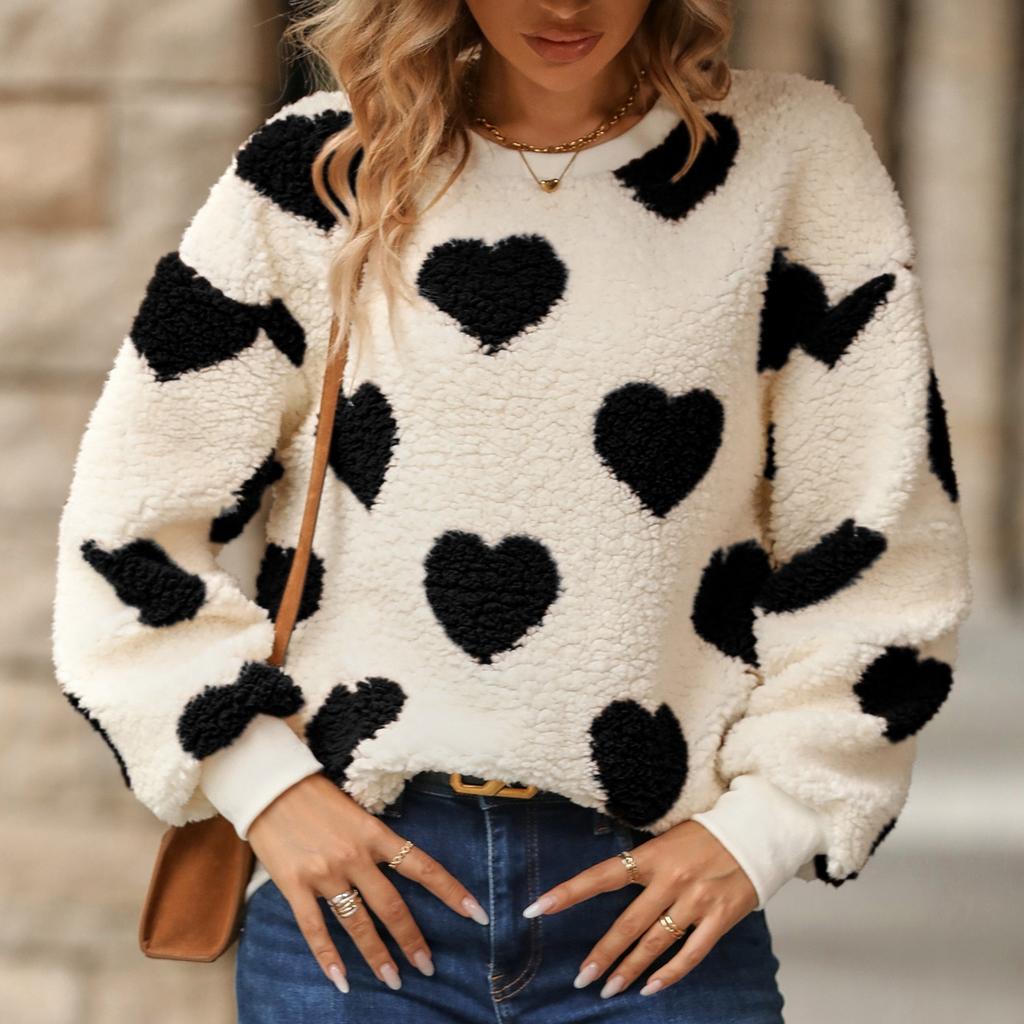 QICED Women's Autumn and Winter Loose Long-sleeved Round-neck Pullover Hoodie with Plush Heart Print