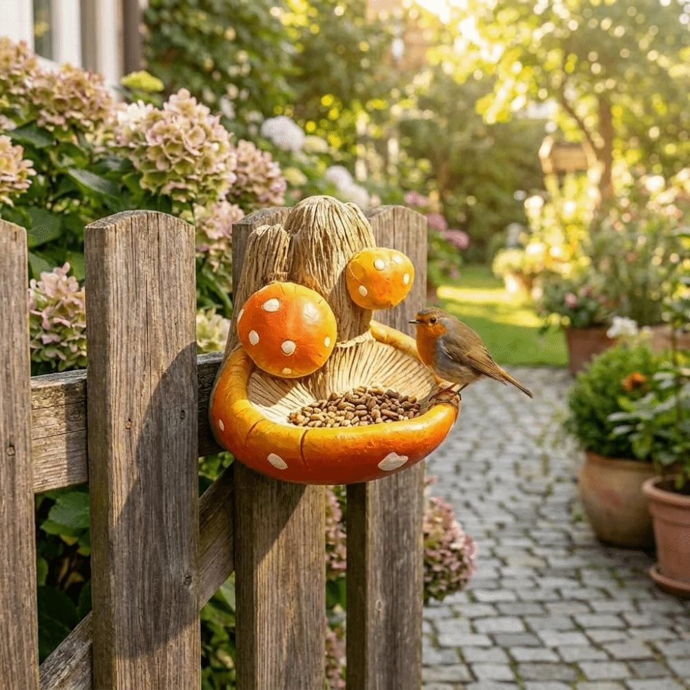 Resin Mushroom Sparrow Feeding Station Hanging Weather-Resistant Mushroom Bird Feeder Decorative Wild Bird Food Dispenser