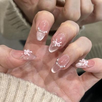 30 Stück Lange Quadratische und Mandel-Falschnägel Kristall und Schleife Katzenauge Blumen Press-on-Nägel Französische Abnehmbare Fake Nails Damen
